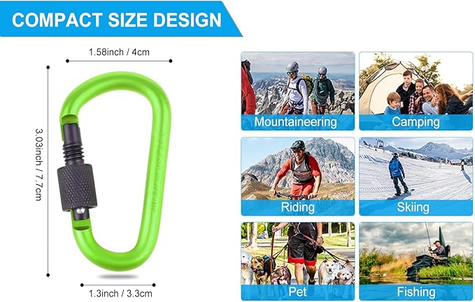 10 Pack Aluminum D Ring Key Rings Hiking Clips Locking Carabiner for Hiking Camping Fishing and Outdoor Use,Clips with Screw Gate Multicolored