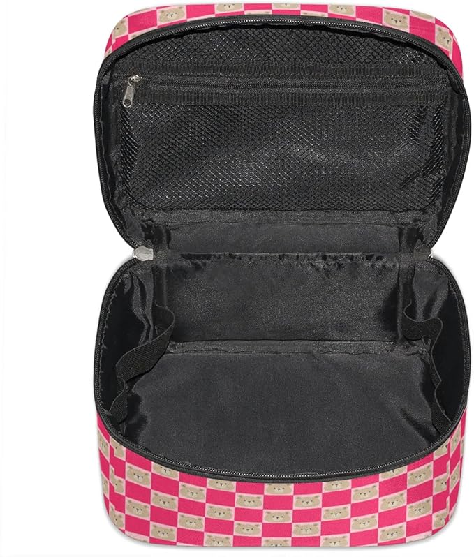 Large Makeup Bag Travel Cosmetic Bags for Women Pink Cute Checkered Plaid Bear Animal Makeup Organizer Case Toiletry Bag for Girls Traveling Wide Open Portable Pouch with Handle