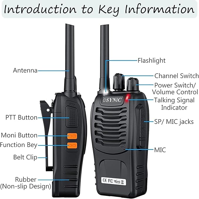 eSynic 3 Pack Professional Walkie Talkies Rechargeable Walkie 2 Way 16CH &