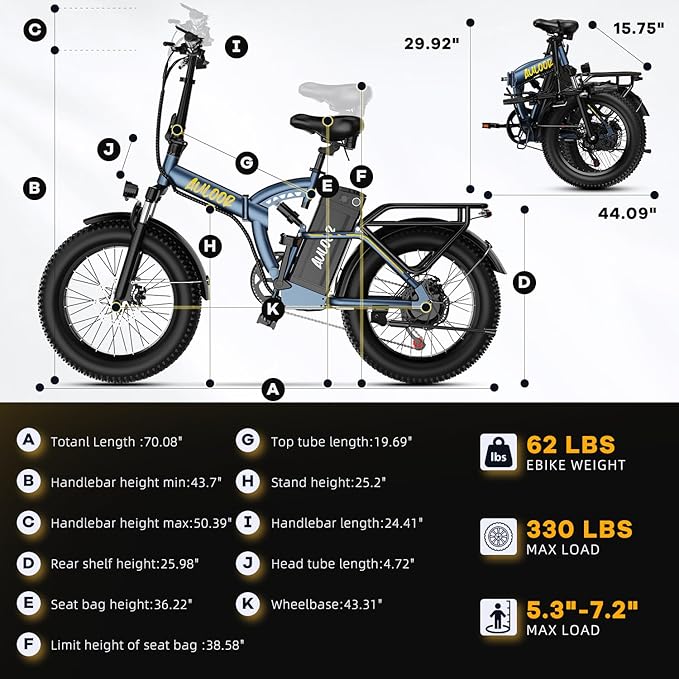 Foldable Electric Bike for Adults, 30+MPH, 48V 20Ah Removable Lithium Battery up to 80Miles, 20" Fat Tire 1000W Peak Motor Dirt Ebike Adult Electric Bicycle for Commute Beach Mountain E Bike