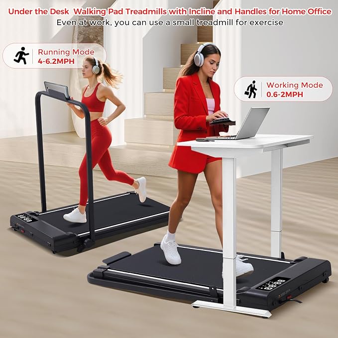 Portable Walking Pad with Incline and Handle Bar, 3.0HP Electric Treadmills for Home Small, 0.6-6.2MPH Compact Walking Pads Treadmills with Handles and Incline for Small Spaces, 320LB Capacity