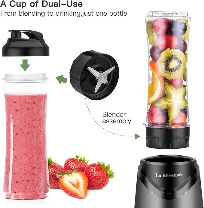 La Reveuse Smoothie Blender Personal Size 300 Watts with 2 Pieces 18 oz BPA-Free Travel Sports Bottles,Grey