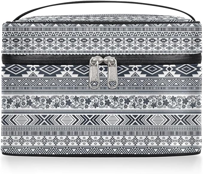 Large Makeup Bag Travel Cosmetic Bags for Women Grey Vintage Boho Geometric Chevron Aztec Makeup Organizer Case Toiletry Bag for Girls Traveling Wide Open Portable Pouch with Handle