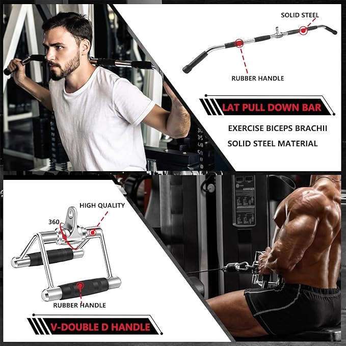 LAT Bar Cable Attachment with Rubber Handgrips, Deluxe Heavy Duty Solid Curl Bar Revolving Hanger Home Gym Cable Attachments
