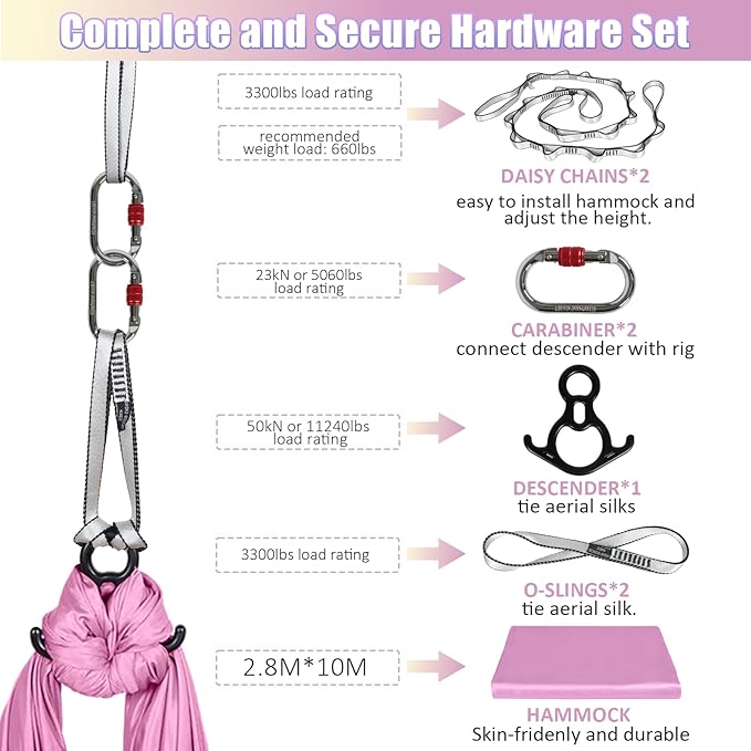 Aerial Silks Kit & Aerial Yoga Hammock - 11Yd Premium Fabric Hardware - Easy Setup for Flying Yoga, Aerial Swing & Fitness - Supports Up to 14ft Rigging