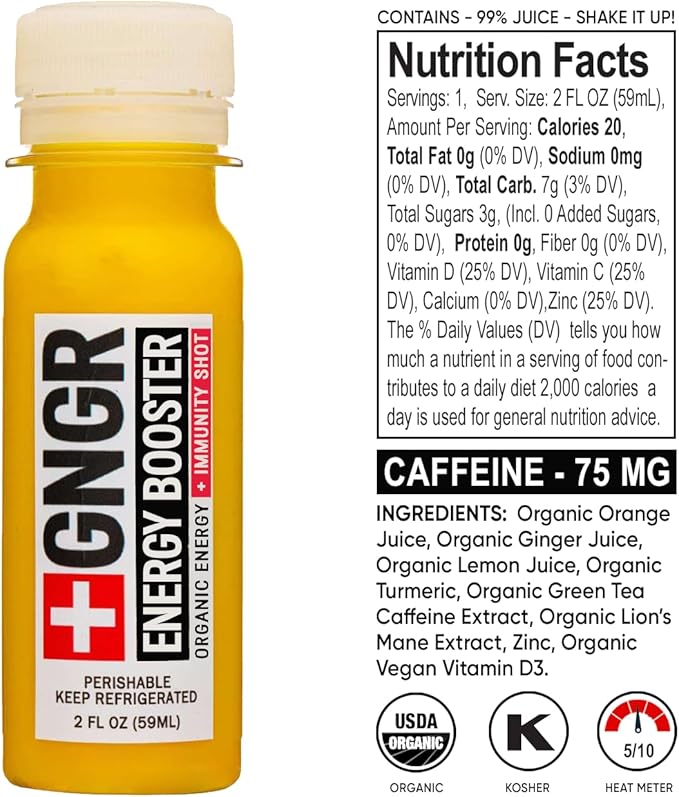 '+GNGR Energy Booster & Immunity Shot, Cold-Pressed Ginger Shots with Lions Mane, 75mg of Natural Caffeine Green Tea, Turmeric Root, Vitamin D & Zinc for All Natural Immune Support (2 Oz, Pack of 12)