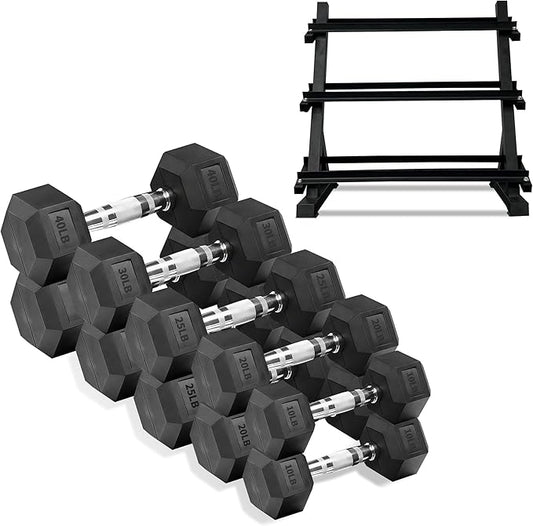 Ritafer 6-10 Pair Hex Rubber Dumbbell Set 350/450 and 550 lbsï¼?-50 lbs )Hand Free Weight for Strength Coated Encased Iron Weights with Dumbbells Storage Rack Home Gym