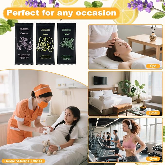 Moist Cotton Towel Bulk Moist Towelettes Individually Wrapped 8.7" x 8.7",White Towel Services,Refreshment Pre Moistened Towels Lavender, Lemon and Mint for Sport Party Spa (pack of 60)