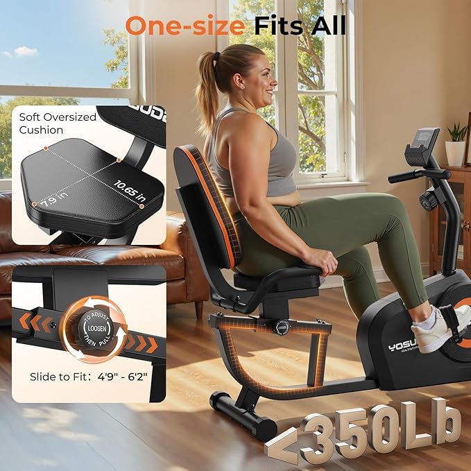 YOSUDA Recumbent Exercise Bike for Home,Magnetic Staionary Bike for Seniors/Adults with Adjustable Seat, 350LB Capacity, 16-level Resistance, LCD Monitor & Pulse Sensors