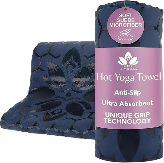 Clever Yoga Non-Slip Hot Yoga Towel – Non-Slip Grip for Hot Yoga, Sweat Absorbent, Honeycomb Silicone Grip, Stays Flat – Ideal for Pilates, Travel, Washable & Lightweight - Dark Blue