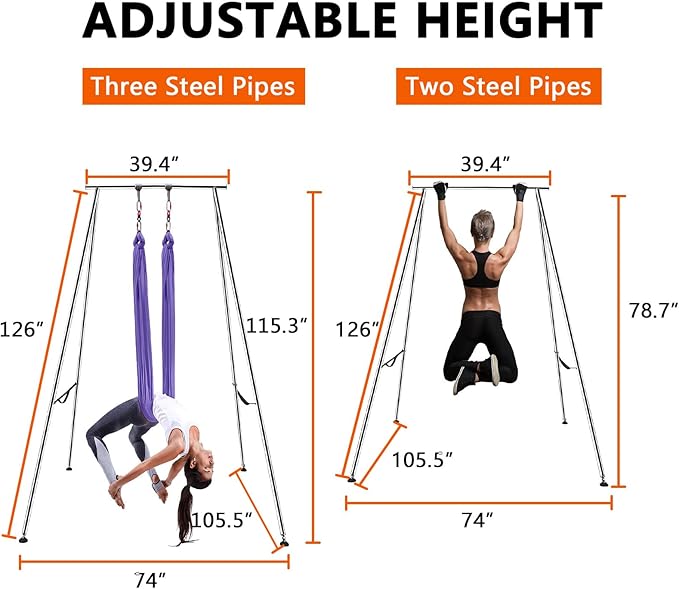 TECSPEC 9.6 FT/115.3 Inch Adjustable Height Aerial Yoga Frame & Hammock, Professional Swing Stand with 18 FT/33FT Aerial Silk, 550lbs Max Capacity