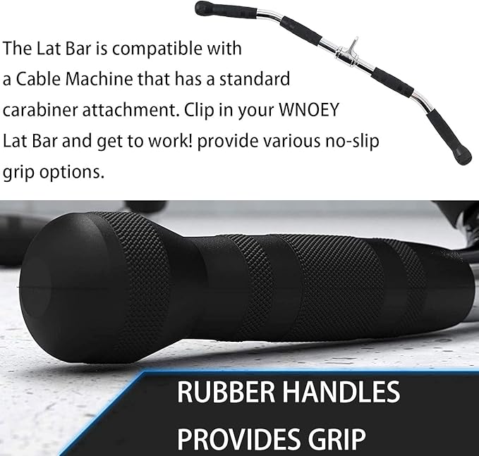 LAT Bar Cable Attachment with Rubber Handgrips, Deluxe Heavy Duty Solid Curl Bar Revolving Hanger Home Gym Cable Attachments