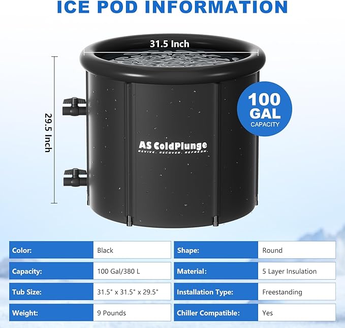 1/3HP Ice Bath Chiller & Cold Plunge Tub Kit – XL 100 Gal Insulated Ice Pod, External Pump & Filter, Cold Plunge Tub with Water Chille for Athletes, Recovery & Home Wellness