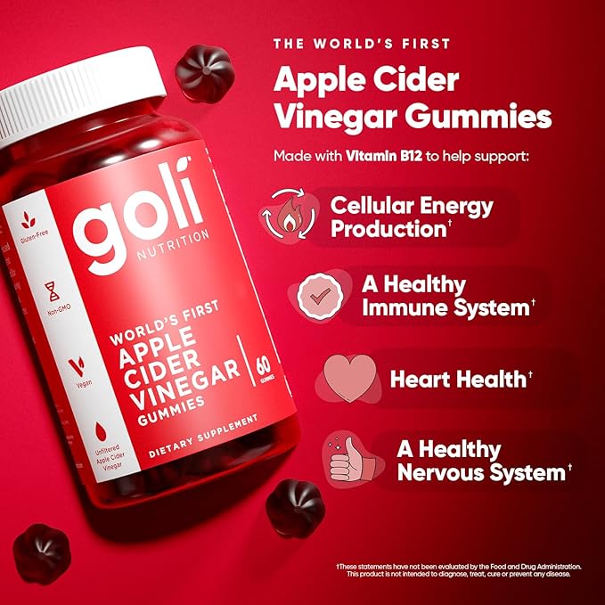 Goli Apple Cider Vinegar Gummy Vitamins - 60 Count - Vitamin B12, Gelatin-Free, Gluten-Free, Vegan & Non-GMO