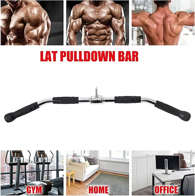 LAT Bar Cable Attachment with Rubber Handgrips, Deluxe Heavy Duty Solid Curl Bar Revolving Hanger Home Gym Cable Attachments