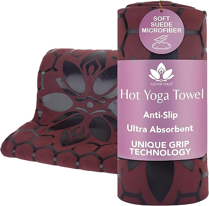 Clever Yoga Non-Slip Hot Yoga Towel – Non-Slip Grip for Hot Yoga, Sweat Absorbent, Honeycomb Silicone Grip, Stays Flat – Ideal for Pilates, Travel, Washable & Lightweight - Burgundy