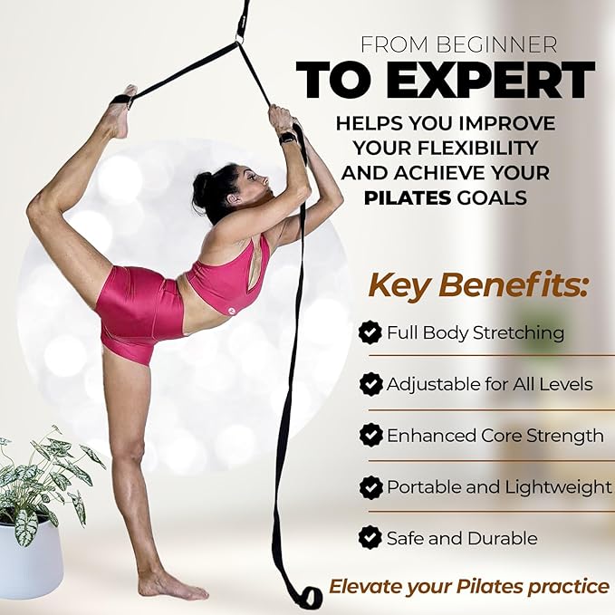 Pilates Stretching Strap with Door Anchor - Flexibility Equipment for Pilates Practitioners - Ideal for Improving Leg Flexibility, Core Stability, and Posture Alignment at Home