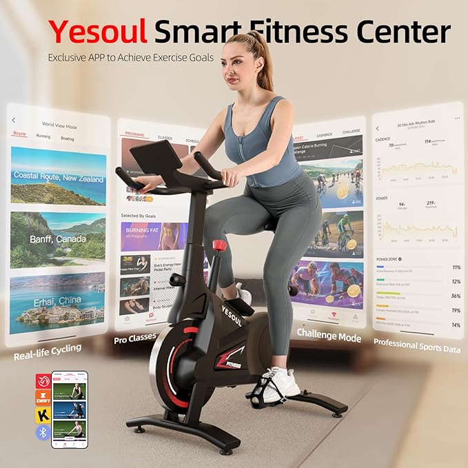 Yesoul Black Exercise Bike for Home,Smart White Cycling Bike Magnetic Stationary Bike, Low Noise Indoor Cycling Bike for Home Gym Electric Stationary Bike with Tablet Mount & Comfortable Seat Cushion for Women Apartment Workout Bike for Fitness