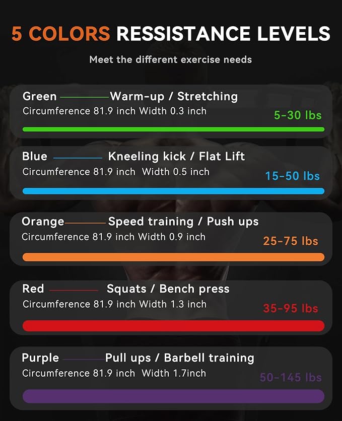 SUNPOW Pull Up Assistance Bands - Set of 5 Resistance Heavy Duty Workout Exercise Stretch Fitness Bands Assist Set for Body, Instruction Guide and Carry Bag Included