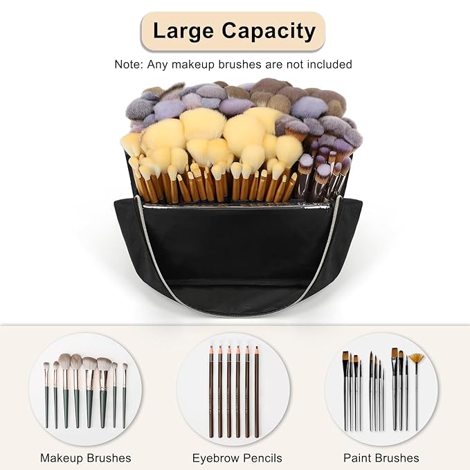 Large Makeup Brush Holder, Portable Stand-up Makeup Brush Organizer Bag, Foldable Makeup Brush Travel Case with Detachable Dividers, Professional Artist Makeup Brush Storage Bag (Brushes Not included)