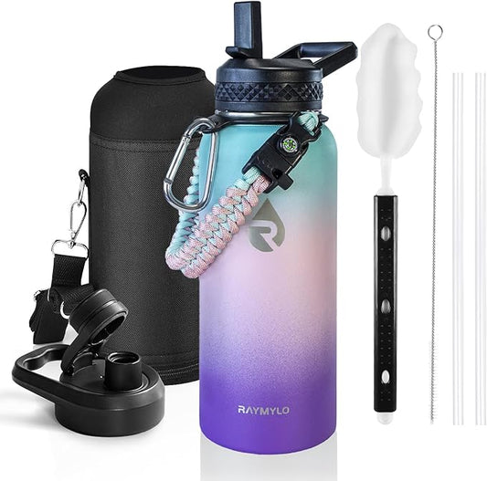 Insulated Water Bottle 32 oz, Triple Wall Vacuum Stainless Steel (Cold for 48 Hrs), Leak Proof & Non-BPA, Modern Water Flask Jug with Paracord Handle & Straw Spout Lids, Hydrangea
