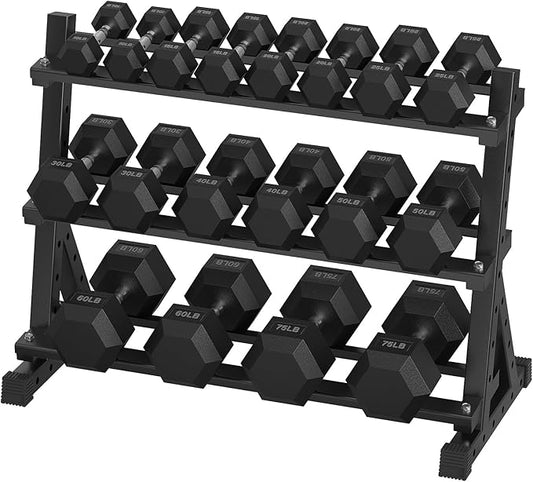 Hex Dumbbell Sets with Rack, 290-670 lb Rubber Encased Exercise & Fitness Dumbbells Set, Hand Weight for Strength Training, Weight Dumbbells