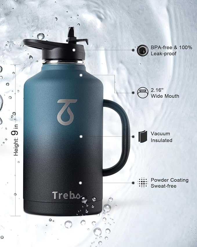 Trebo 64 oz Water Bottle Insulated with Handle, Half Gallon Stainless Steel Metal Large Jug, Travel Flask with Straw Spout Lid, Mug Tumbler Cup with Carry Pouch, Keep Cold Hot, Indigo Black