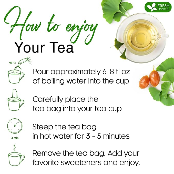FreshDrinkUS, Premium 55 Ginkgo Biloba Leaf Tea Bags, 100% Natural & Pure from Ginkgo Biloba Leaves. Loose Leaf Herbal Tea. Made with Eco-Conscious Tea Bags. No Sugar, No Caffeine, No Gluten, Vegan.