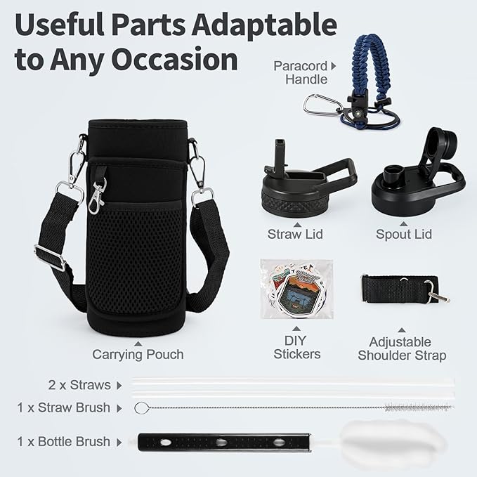 32 oz Insulated Water Bottle with Straw (Cold for 48 Hrs), Stainless Steel Triple Wall Vacuum Sports Water Jug, Leakproof Hydro Cup Flask with Paracord Handle & Straw Spout Lids & DIY Stickers