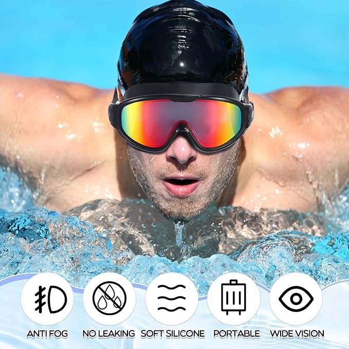 Kanayu 6 Pieces Swimming Goggles Wide View No Leaking Anti Fog Adult Swim Goggles with Earplugs Nose Clip for Adult Men Women