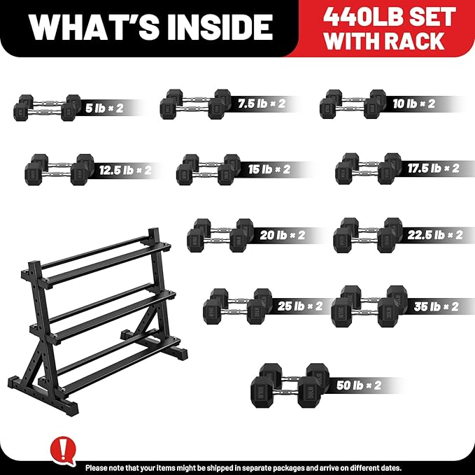 PAPABABE Hex Dumbbell Set with Rack, Rubber Encased Free Weight with Weight Storage Racks, Multiple Weight Options for Home Gym and Fitness