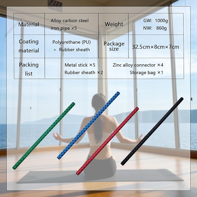 The Huang Yunming yoga stick is made of sturdy steel that is 5 feet high and an adjustable stretching stick, providing flexibility, agility, and balance. Multi functional fitness stick with 5 steel pipes