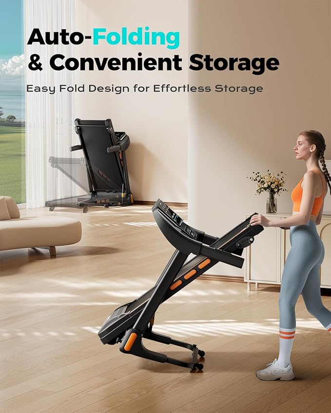 Treadmill for Home, 3.0HP Folding Treadmill with Incline, 300 lbs Capacity, Bluetooth & Heart Rate Sensor, Space-Saving Design