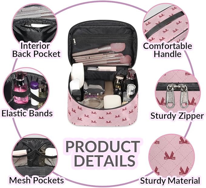 Large Makeup Bag Travel Cosmetic Bags for Women Pink Cute Plaid Checkered Geometric Makeup Organizer Case Toiletry Bag for Girls Traveling Wide Open Portable Pouch with Handle
