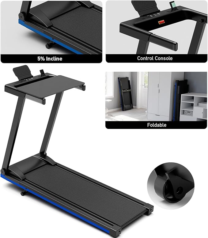 Treadmill with 5% Incline, 300lbs Capacity Folding 15 HP Small Treadmills for Home Portable Running Treadmill with Handles Quiet Brushless Dual Cushion System, Electric Compact Treadmil