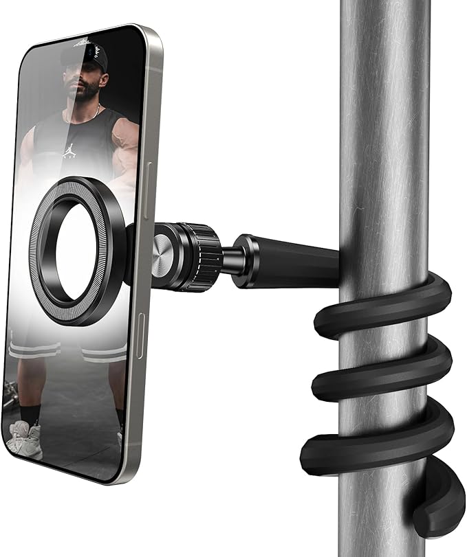 Flexible Gym Phone Holder for Peloton Treadmill Spin Bike - Gooseneck Magnetic Phone Mount for iPhone MagSafe Samsung, Wrap Around Phone Stand for Stroller/Desk/Shopping/Women Men Gym Gifts