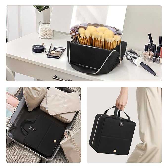 Large Makeup Brush Holder, Portable Stand-up Makeup Brush Organizer Bag, Foldable Makeup Brush Travel Case with Detachable Dividers, Professional Artist Makeup Brush Storage Bag (Brushes Not included)