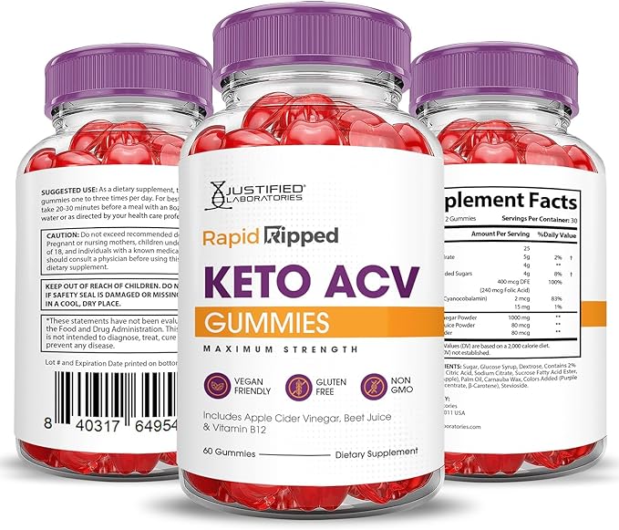 Justified Laboratories Rapid Ripped Keto ACV Gummies Advanced Formula 1000MG Rapidripped Keto Gummies Apple Cider Vinegar Formulated with Pomegranate Beet Juice Powder B12 Vegan Non GMO 60 Gummys