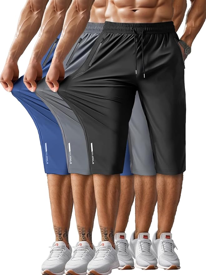 Men's Capri Pants 3/4 Joggers Gym/Workout/Hiking Below Knee Long Shorts Lightweight Quick Dry with Zipper Pockets