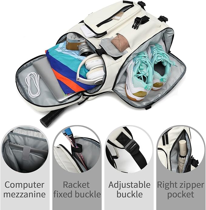 Gym Duffle Tennis Bag Backpack 4-Way Waterproof with Shoes Compartment for travel Sport Hiking laptop (Sea salt white02)