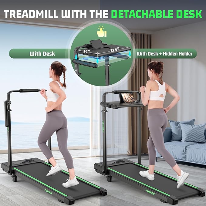 Walking Pad Treadmill with Desk Workstation, 10% Incline Foldable Treadmill with Handrail, 300lbs Capacity, 3 Control Methods, 8 in 1 Folding Treadmills for Home Office