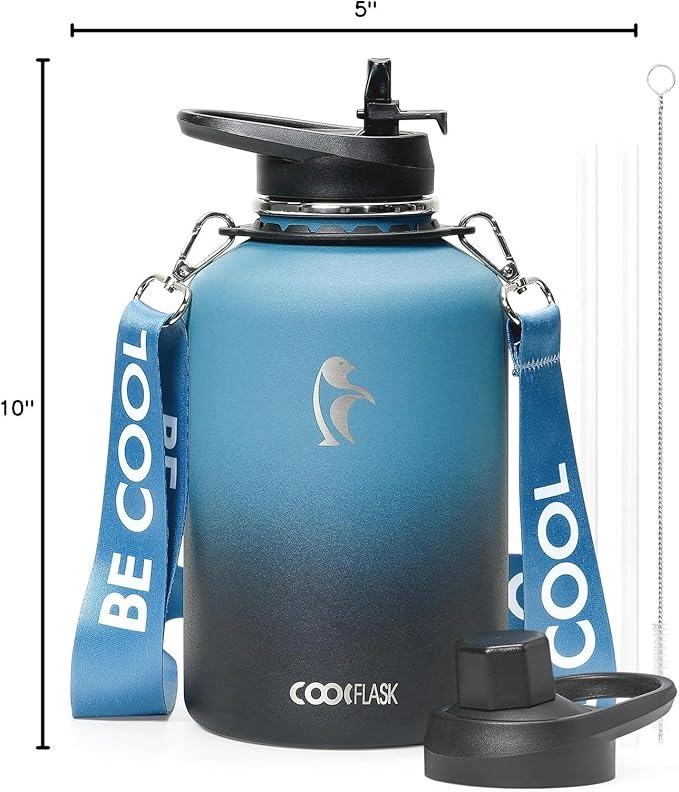 Coolflask 64 oz Water Bottle Insulated with Strap, Half Gallon Water Jug Stainless Steel with Straw & Spout Lids, Metal Large Water Flask, Keep Cold 48h Hot 24h, Leak Proof & Non-BPA, Prussian Blue