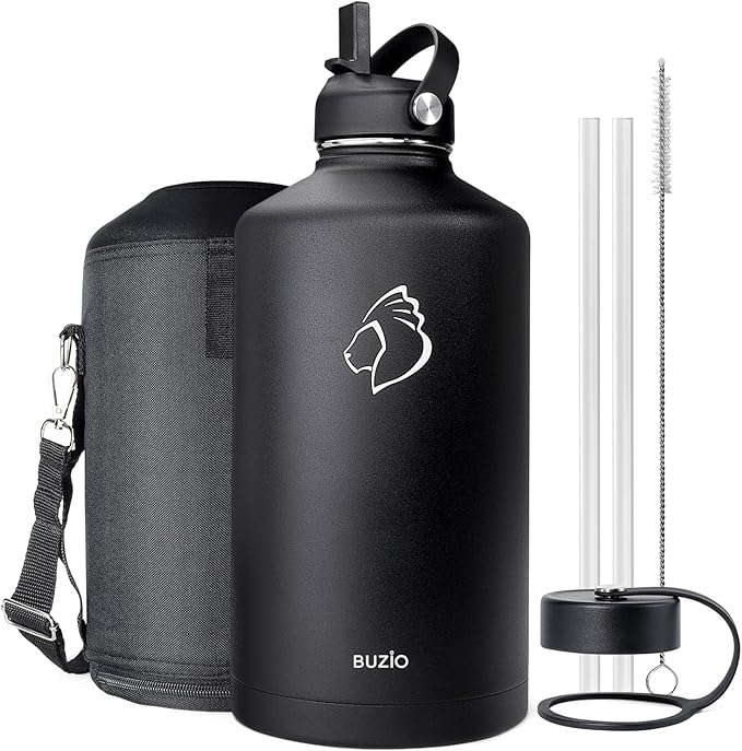 BUZIO 1 Gallon Water Jug with Straw Handle Lid, 128oz Water Bottle Stainless Steel Double Wall Hydro Jug 18/8 Food Grade Thermo Mug Keep Cold 48H & Hot 24H, Black
