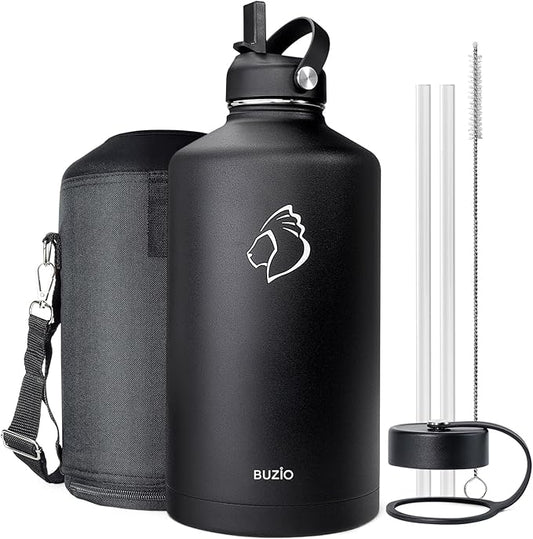 BUZIO 1 Gallon Water Jug with Straw Handle Lid, 128oz Water Bottle Stainless Steel Double Wall Hydro Jug 18/8 Food Grade Thermo Mug Keep Cold 48H & Hot 24H, Black