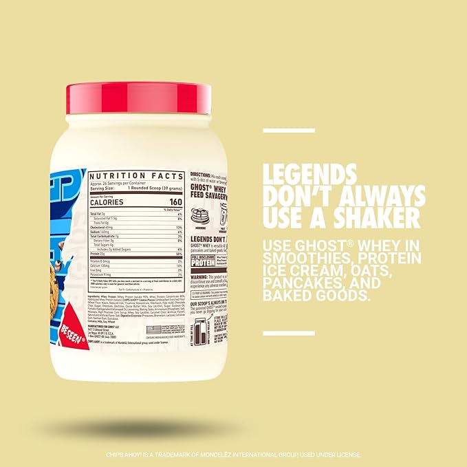 GHOST Whey Protein Powder, Chips Ahoy! - 2LB, 25G of Protein - Whey Protein Blend - Post Workout Fitness & Nutrition Shakes, Smoothies, Baking & Cooking - Cookie Pieces Inside