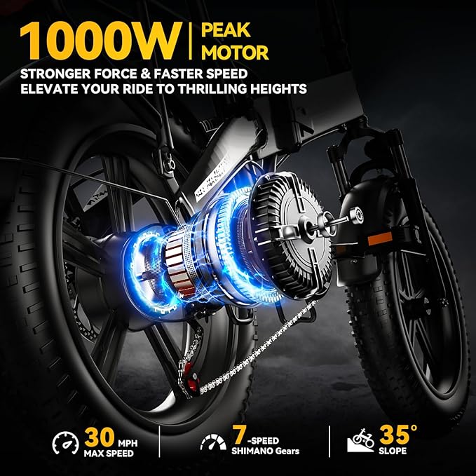 1000W Folding Electric Bike, 48V 20AH Large Removable Battery E Bike,30+MPH, 80 Miles Max Range, 20" Fat TireElectric Bike for Adults, Adult Electric Bicycles for CommuteBeach Snow