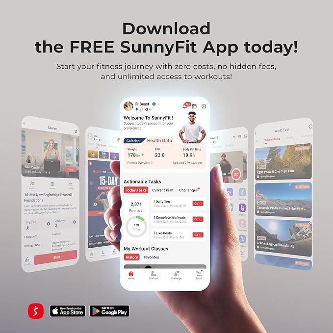 Sunny Health & Fitness Strider Foldable Treadmill, 20-Inch Wide Running Belt with Optional Exclusive SunnyFit™ App and Enhanced Bluetooth Connectivity