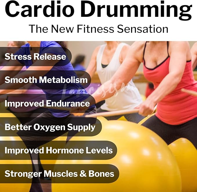 Lancisism Cardio Drumming Equipment Set - 26" Exercise Ball with Pump and Weighted Cardio Drumming Sticks with Grips - Fitness Yoga Ball Drumsticks Workout for Balance, Rhythm, Aerobic Moves (Black)