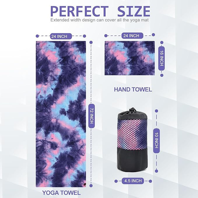 Eunzel 2 Pack Yoga Towel,Hot Yoga Mat Towel with Grip Dots Sweat Absorbent Non-Slip for Hot Yoga, Pilates and Workout 24" x72,Purple & Blue/Green & Purple (2 Pack)