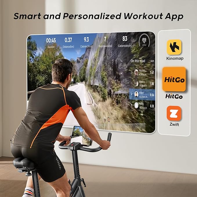 Exercise Bike, Magnetic Resistance/Brake Pad Stationary Bike with Exclusive App, 300lb Weight Capacity Indoor Bike with Soft Seat Cushion, Silent Belt Drive, Heavy Flywheel and LCD Monitor